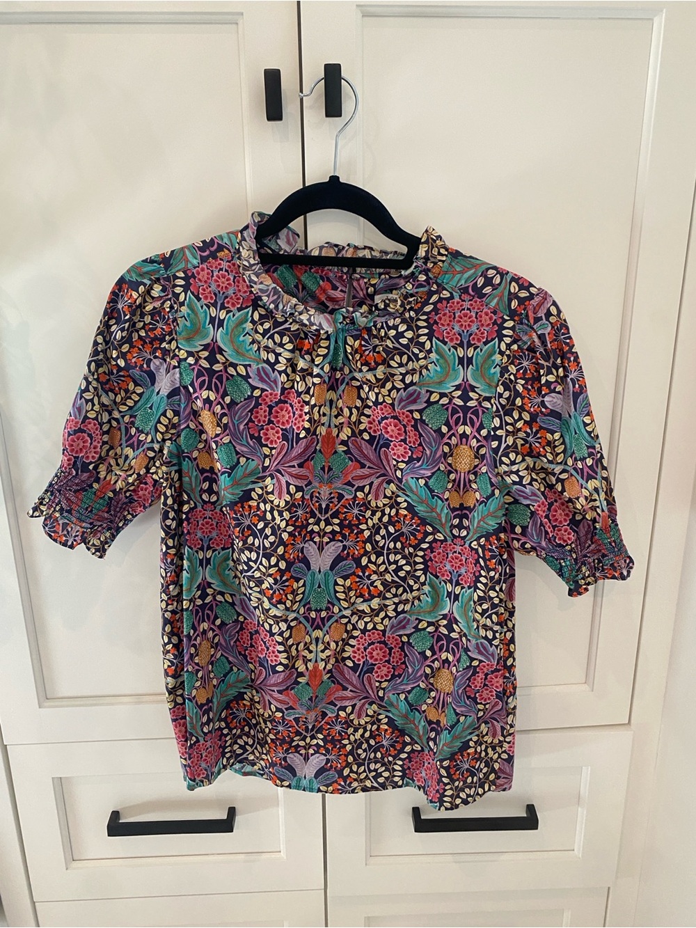 J. Crew Liberty London Floral Short Sleeve Blouse with Teal, Purple, Pink